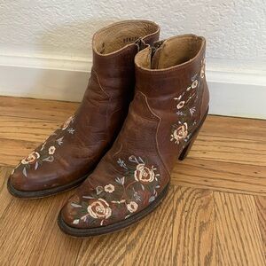 Shyanne Floral Embroidered Brown Ankle Boots